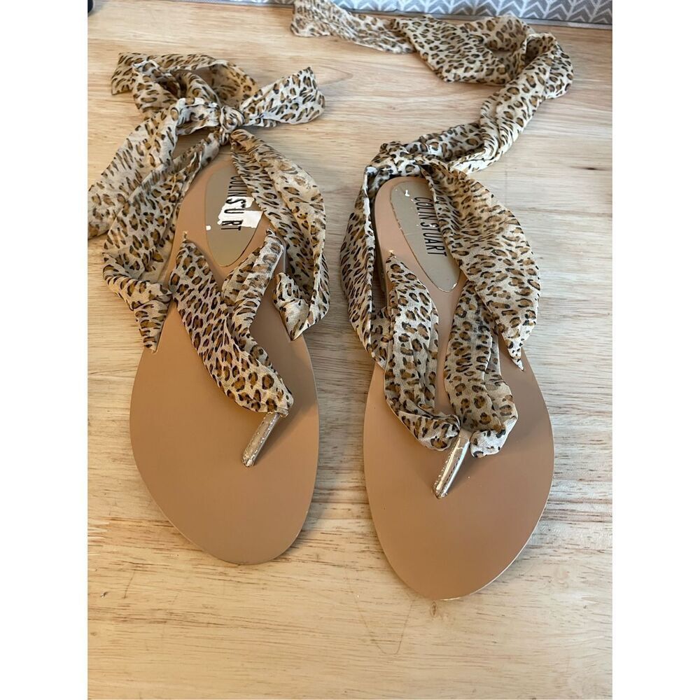 ✅Colin Stuart cheetah print thong sandals with ties up the legs